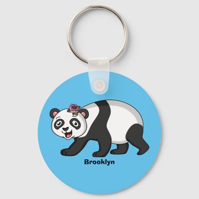 Cute lycklig panda björn med blomma tecknad nyckelring (Framsida)