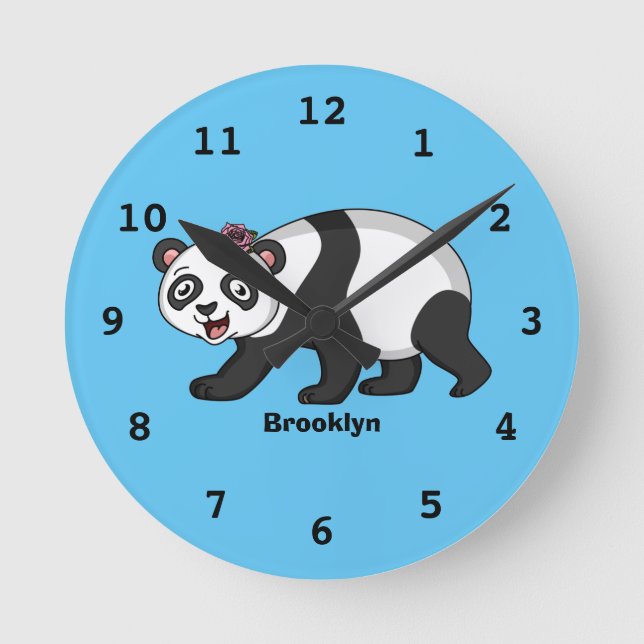Cute lycklig panda björn med blomma tecknad rund klocka (Framsida)