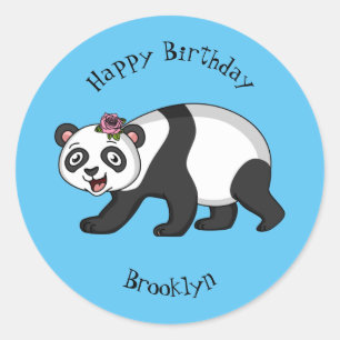 Cute lycklig panda björn med blomma tecknad runt klistermärke