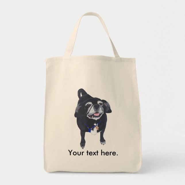 Cute Lycklig Pug Hund Din text Tote bags Tygkasse (Framsidan)