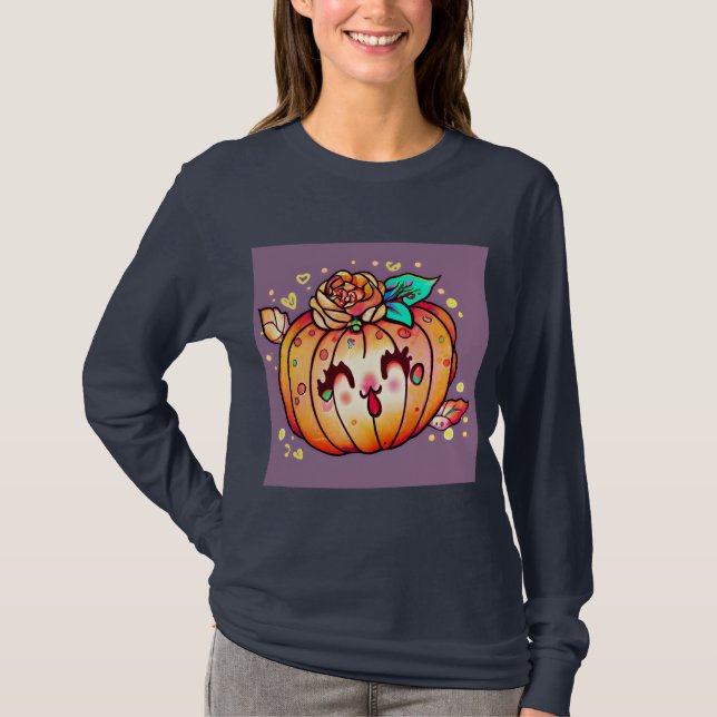 Cute Lycklig Pumpkin Halloween Graphic Long Slease T Shirt (Framsida)