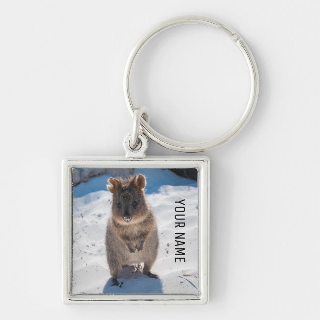 Cute & Lycklig Quokka Beach Animal Australia Fyrkantig Silverfärgad Nyckelring (Framsidan)