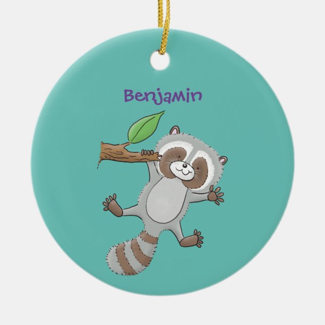 Cute lycklig raccoon baby tecknad illustration julgransprydnad keramik (Framsidan)