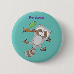 Cute lycklig raccoon baby tecknad illustration knapp