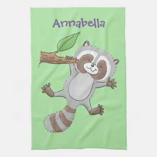 Cute lycklig raccoon baby tecknad illustration kökshandduk