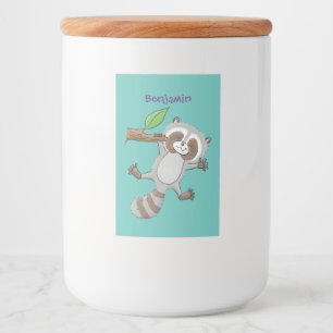 Cute lycklig raccoon baby tecknad illustration mat etikett