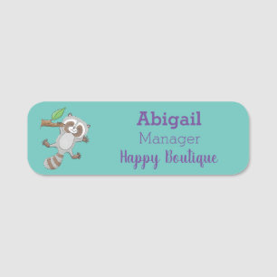 Cute lycklig raccoon baby tecknad illustration namnbricka