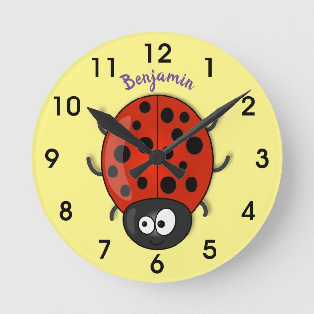 Cute lycklig red ladybug tecknad illustration rund klocka (Framsida)