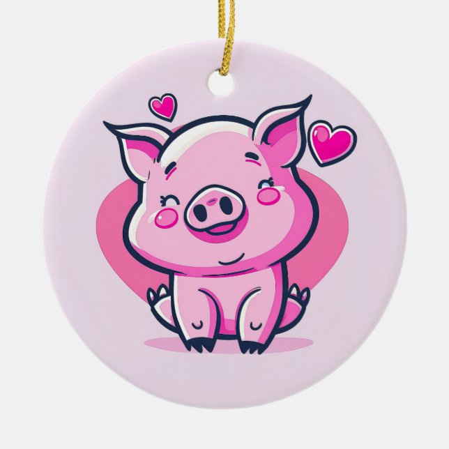 Cute Lycklig Rosa Gris Hearts Valentine Inspired | Julgransprydnad Keramik (Framsidan)