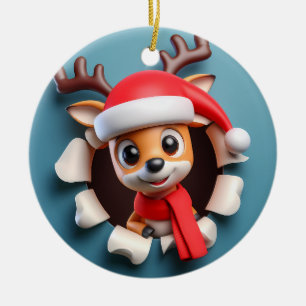 Cute Lycklig Santa's Reindeer Bursting out Julgransprydnad Keramik