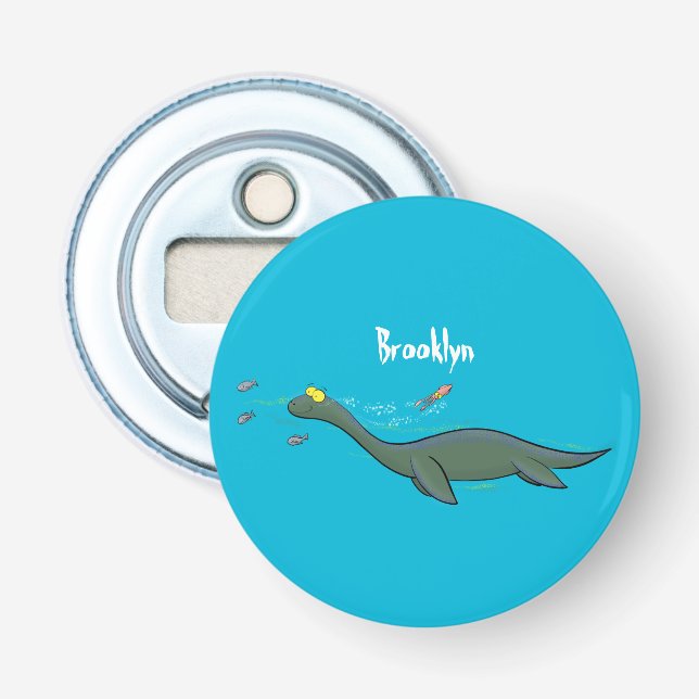 Cute, lycklig sjömonsterplesiosaur tecknad flasköppnare (Framsidan)