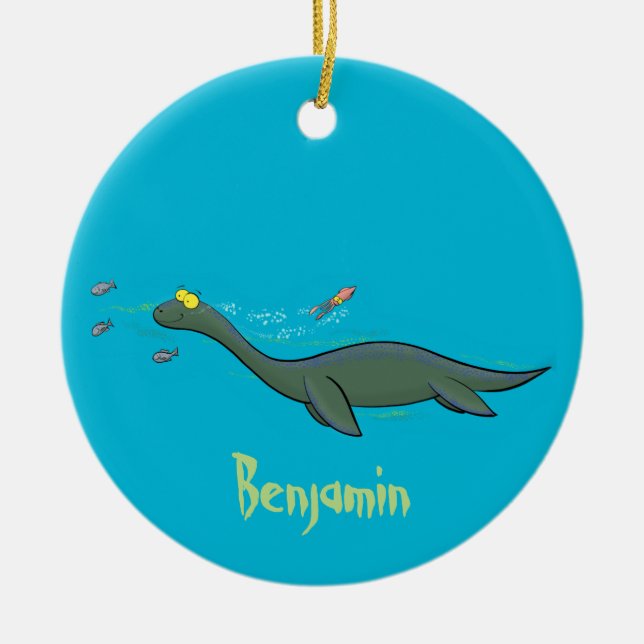 Cute, lycklig sjömonsterplesiosaur tecknad julgransprydnad keramik (Framsidan)