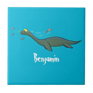 Cute, lycklig sjömonsterplesiosaur tecknad kakelplatta