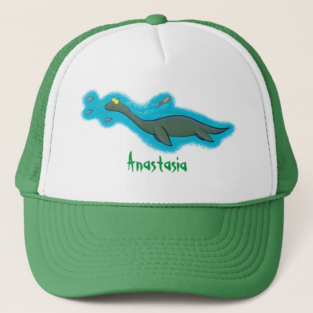 Cute, lycklig sjömonsterplesiosaur tecknad keps (Framsida)