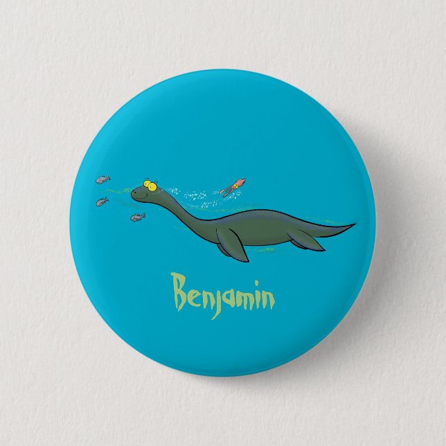 Cute, lycklig sjömonsterplesiosaur tecknad knapp (Framsida)
