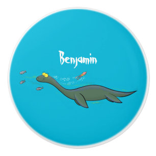 Cute, lycklig sjömonsterplesiosaur tecknad knopp