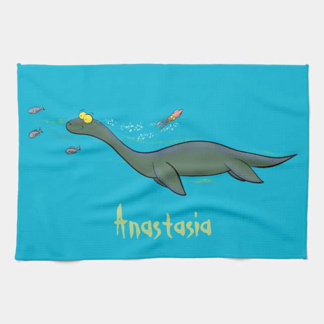 Cute, lycklig sjömonsterplesiosaur tecknad kökshandduk (Horisontell)