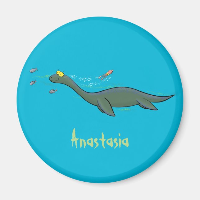 Cute, lycklig sjömonsterplesiosaur tecknad magnet (Framsidan)