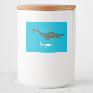 Cute, lycklig sjömonsterplesiosaur tecknad mat etiketter