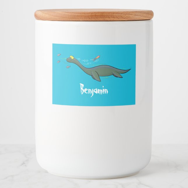 Cute, lycklig sjömonsterplesiosaur tecknad mat etiketter (Framsida)