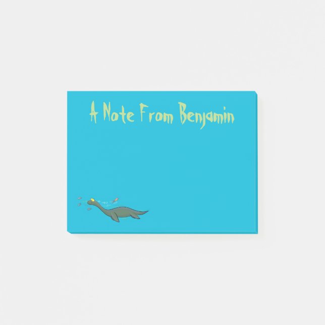 Cute, lycklig sjömonsterplesiosaur tecknad post-it block (Framsida)