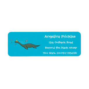 Cute, lycklig sjömonsterplesiosaur tecknad returadress etikett