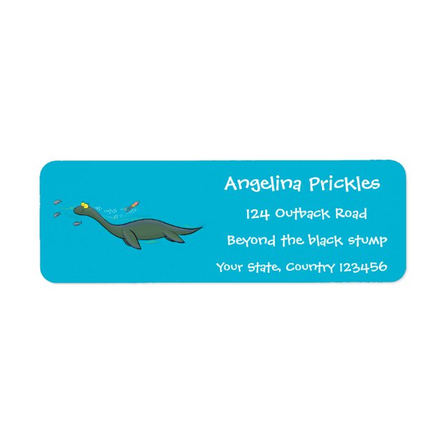 Cute, lycklig sjömonsterplesiosaur tecknad returadress etikett (Framsidan)