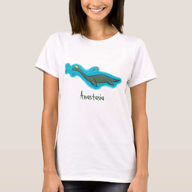 Cute, lycklig sjömonsterplesiosaur tecknad t shirt (Framsida)