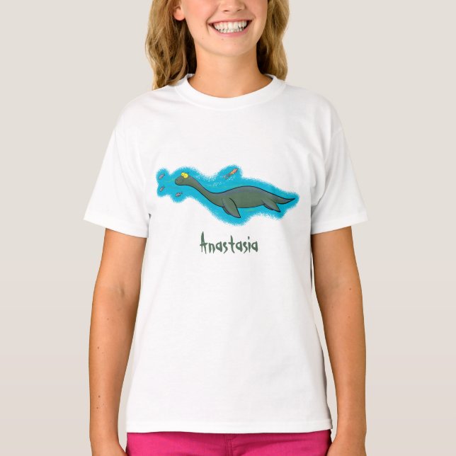 Cute, lycklig sjömonsterplesiosaur tecknad t shirt (Framsida)