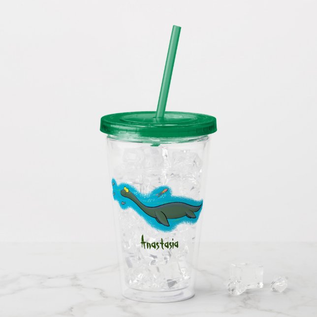 Cute, lycklig sjömonsterplesiosaur tecknad take away mugg (Baksida Ice)