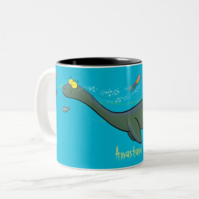 Cute, lycklig sjömonsterplesiosaur tecknad Två-Tonad mugg (Framsida vänster)