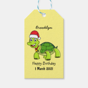 Cute lycklig sköldpadda med julhatt presentetikett