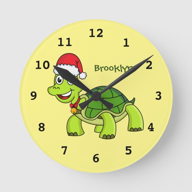 Cute lycklig sköldpadda med julhatt rund klocka (Framsida)