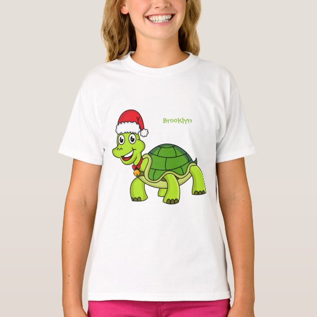 Cute lycklig sköldpadda med julhatt t shirt (Framsida)