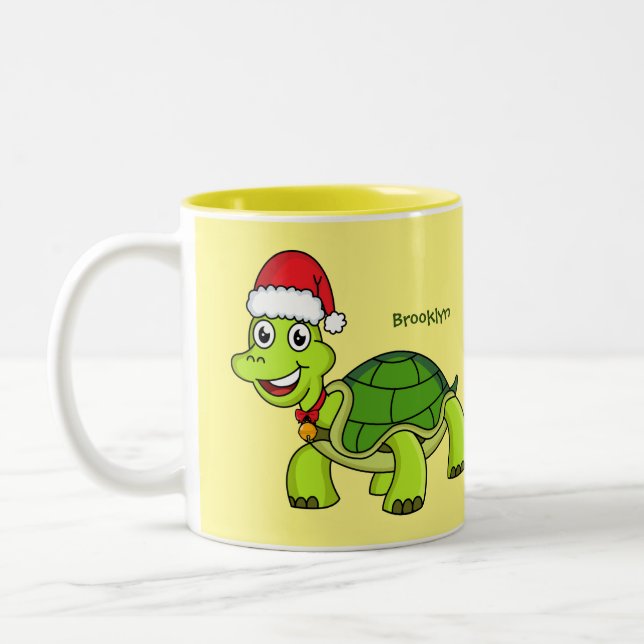 Cute lycklig sköldpadda med julhatt Två-Tonad mugg (Vänster)