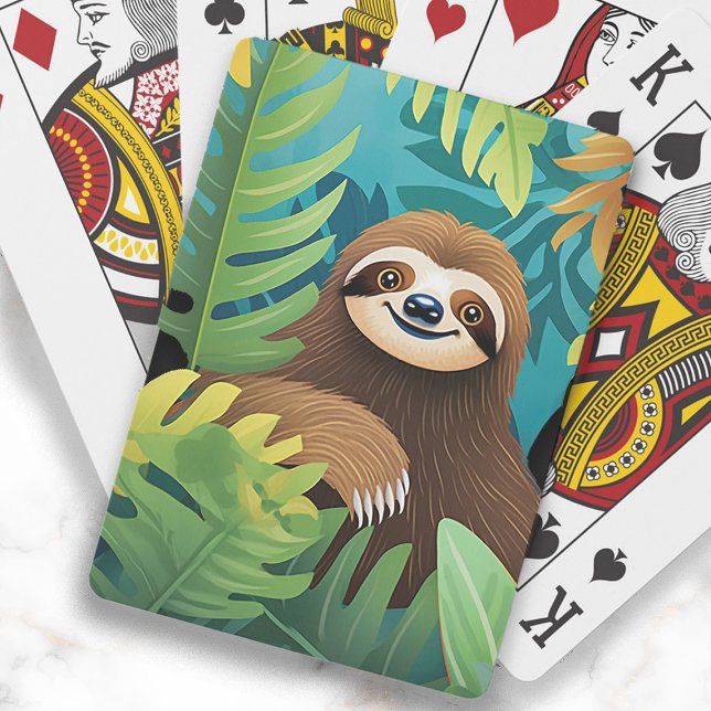 Cute Lycklig Sloth Jungle Painting Casinokort (Cute happy sloth in the jungle playing cards.)