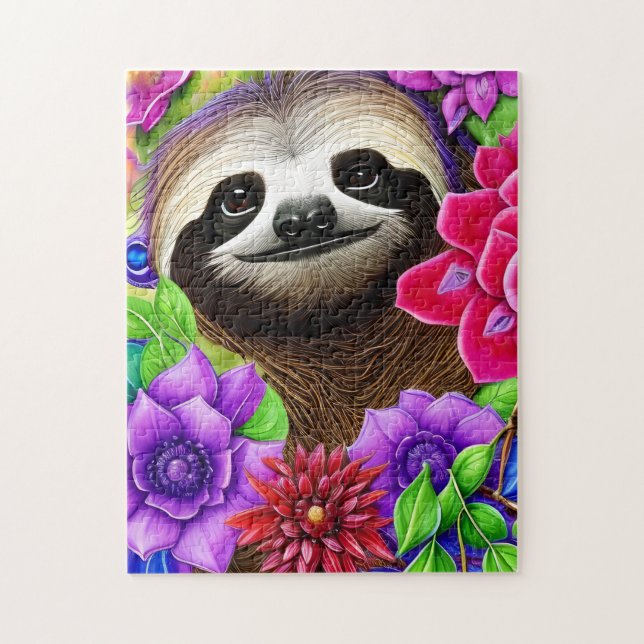 Cute Lycklig Sloth med Flowers Pussel (Vertikal)