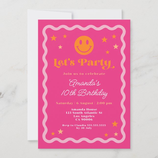Cute Lycklig Smile Rosa and Orange Girl Birday Inbjudningar (Framsida)