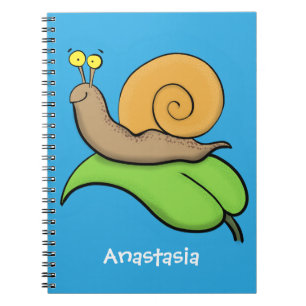 Cute, lycklig snigel på tecknaden löv anteckningsbok