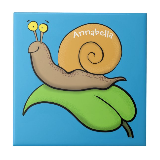 Cute, lycklig snigel på tecknaden löv kakelplatta (Framsidan)