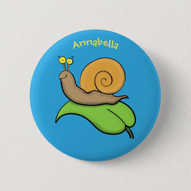 Cute, lycklig snigel på tecknaden löv knapp (Framsida)