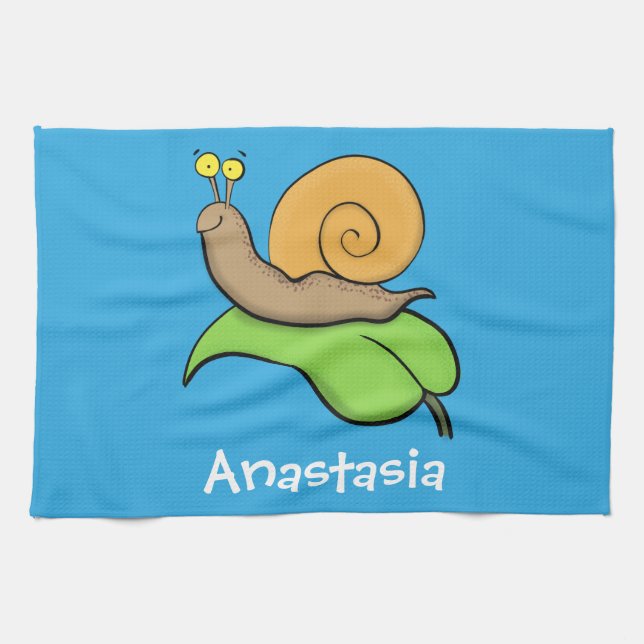 Cute, lycklig snigel på tecknaden löv kökshandduk (Horisontell)