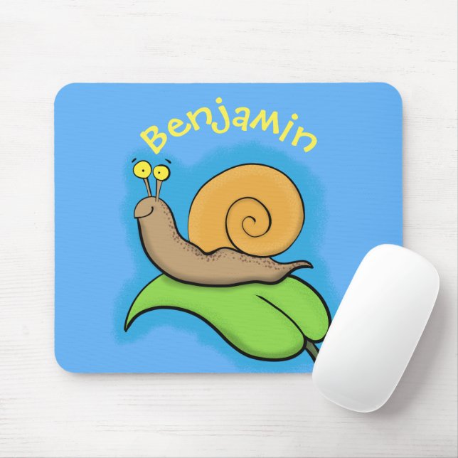 Cute, lycklig snigel på tecknaden löv musmatta (Med mus)