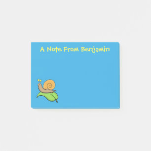 Cute, lycklig snigel på tecknaden löv post-it block