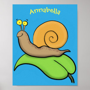 Cute, lycklig snigel på tecknaden löv poster
