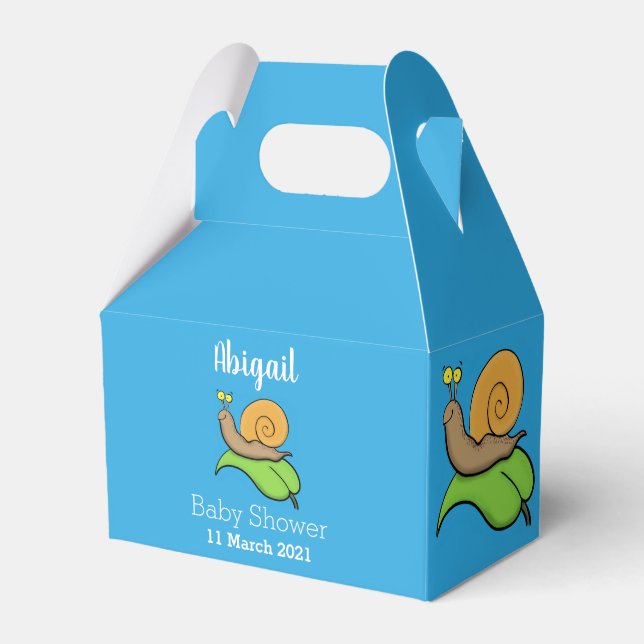 Cute, lycklig snigel på tecknaden löv presentaskar (Framsidan Sidan)