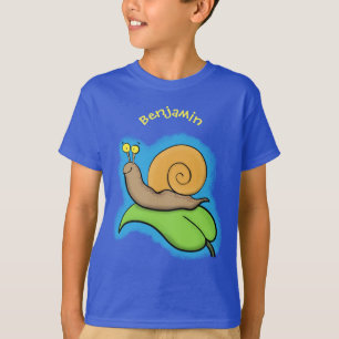Cute, lycklig snigel på tecknaden löv t shirt