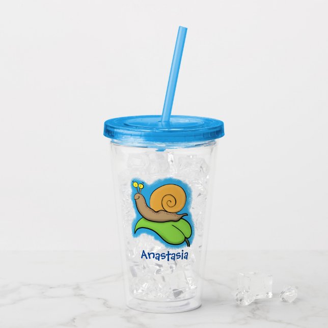Cute, lycklig snigel på tecknaden löv take away mugg (Baksida Ice)