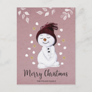 Cute Lycklig Snögubbe Rosa - Helgdag Helg Vykort