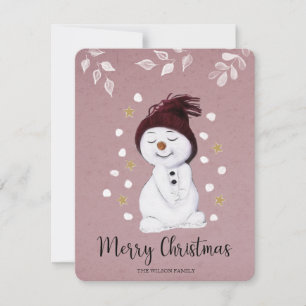 Cute Lycklig Snögubbe Rosa - Helgdag Julkort